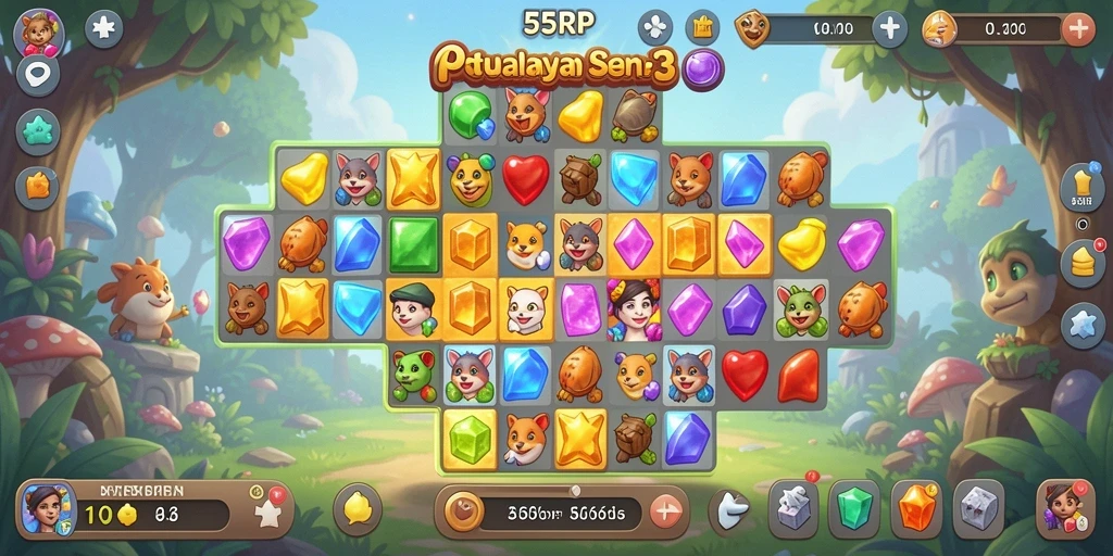 Gameplay Match-3 yang seru dan penuh warna di 55RP.