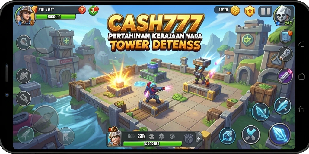 Screenshot CASH777 menampilkan gameplay mendebarkan dalam Tower Defense.