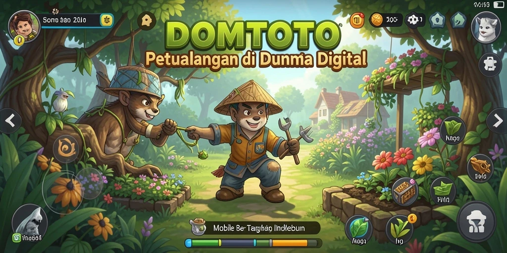 Screenshot gameplay DOMTOTO, menampilkan kebun yang subur dan aktivitas panen.