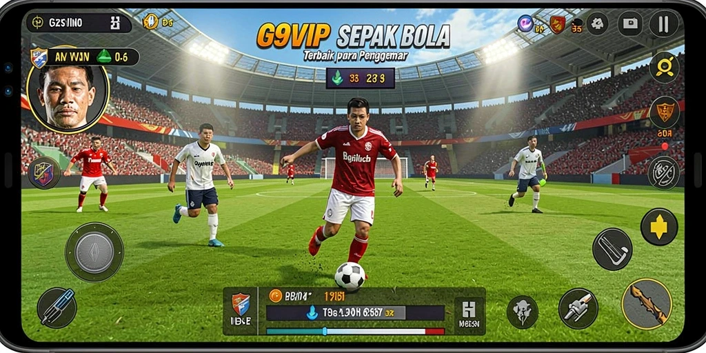 Tampilan gameplay G9VIP yang menegangkan dalam aksi sepak bola.