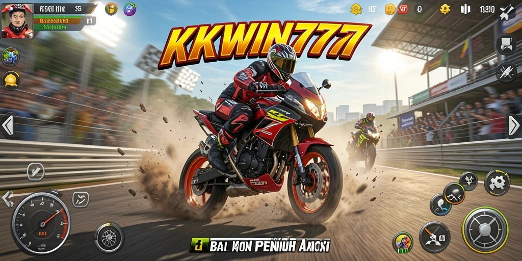 Tangkapan layar KKWIN777 menampilkan balapan motor yang mendebarkan di trek yang menantang.