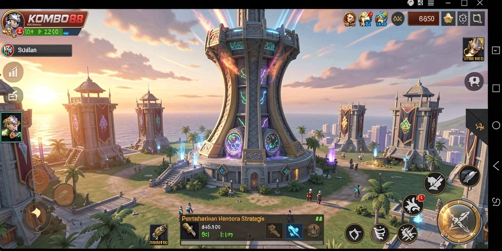 Tampilan gameplay menarik dari KOMBO88 yang menunjukkan strategi Tower Defense.