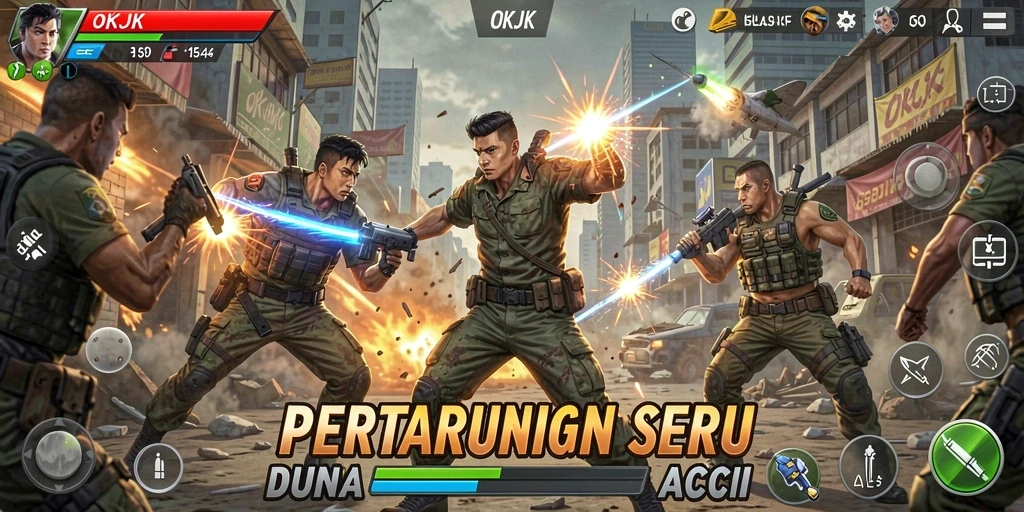 Screenshot utama OKJK menampilkan aksi pertarungan yang mendebarkan.