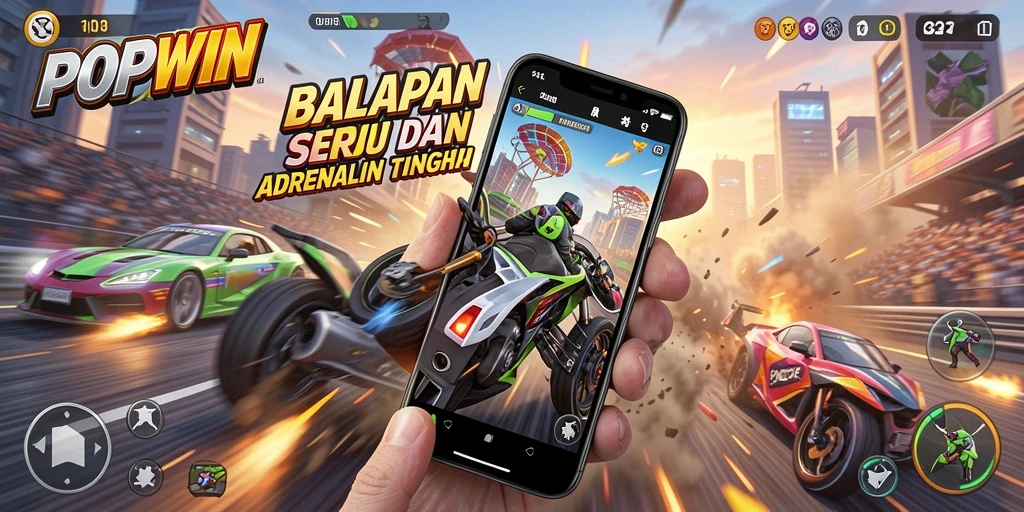 Screenshot utama POPWIN menunjukkan aksi balapan yang menegangkan.