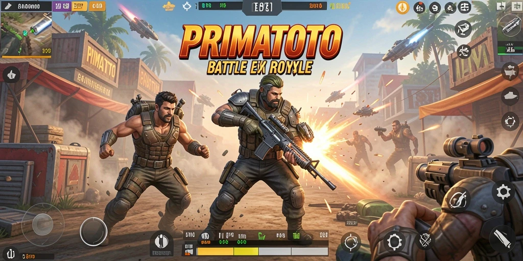 Screenshot gameplay PRIMATOTO menampilkan aksi Battle Royale yang mendebarkan.
