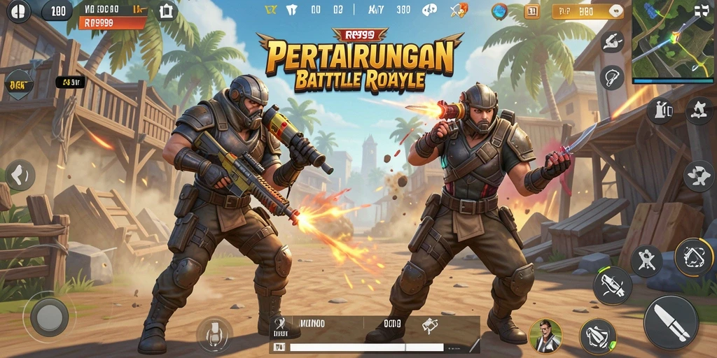 Tampilan aksi seru dalam gameplay <strong>RR999</strong> saat pertempuran di pulau.