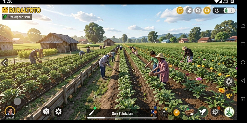 Tampilan gameplay RUDALTOTO dengan aktivitas bertani yang seru dan interaktif.
