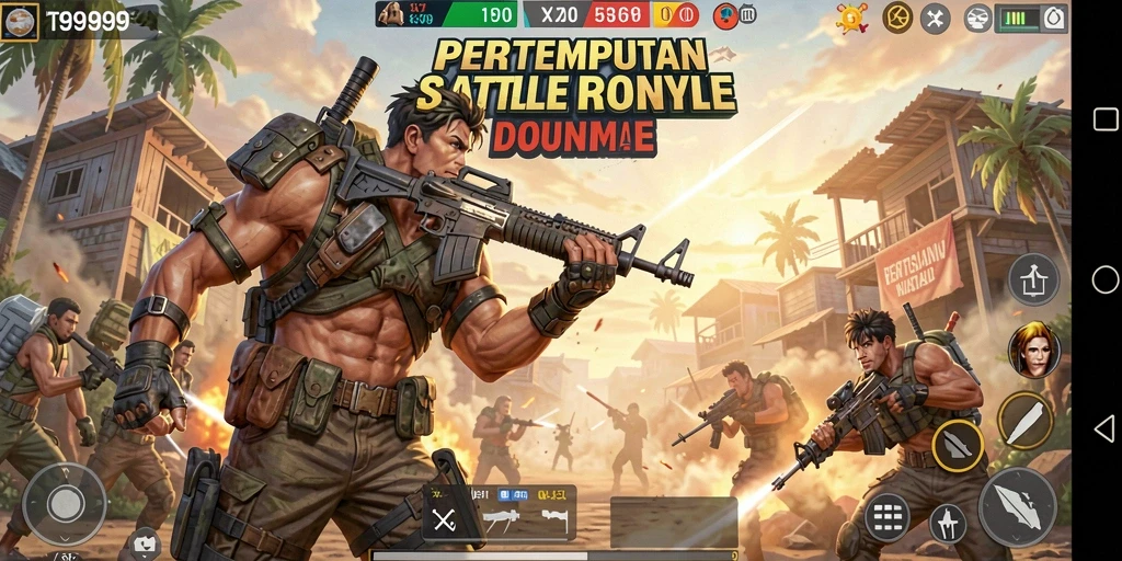 Screenshot gameplay T9999 yang memperlihatkan pertempuran seru dalam Battle Royale.